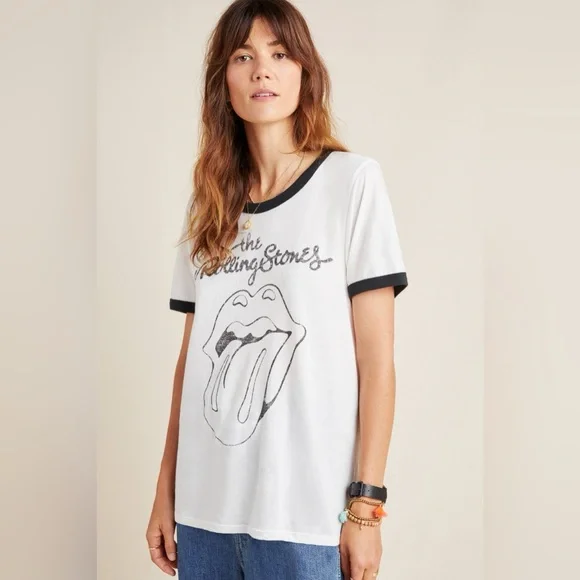 NEW ⭐️RARE⭐️ Anthropologie Letluv Rolling Stones Ringer Tee Small - Picture 6 of 10